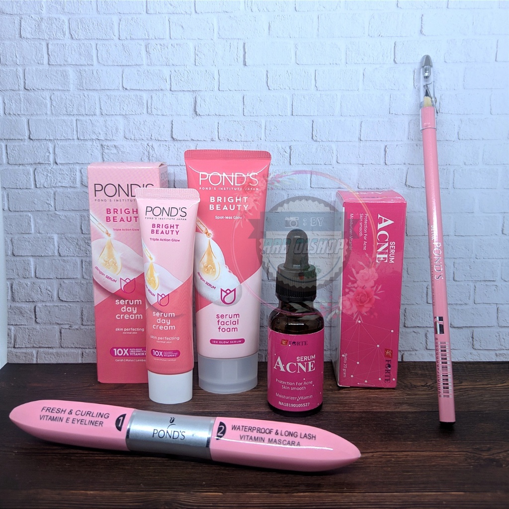 BB - Paket Hemat Pond's 5 In 1 Bright Beauty - Pelembab - Facial Wash - Serum Pink - Pensil Alis - Mascara 2in1 Eyeliner