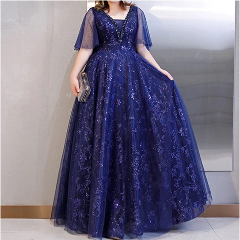 Evening DressSexy V-neck Shining Navy Blue Evening Gown For Women Sequin Long Party Dress