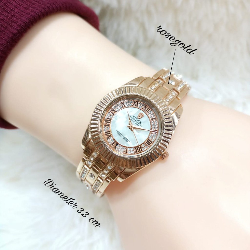 Jam Tangan Wanita Rolex Original 3703 Tali Rantai Terbaru Gerigi Free Box Rolex & Baterai Cadangan (