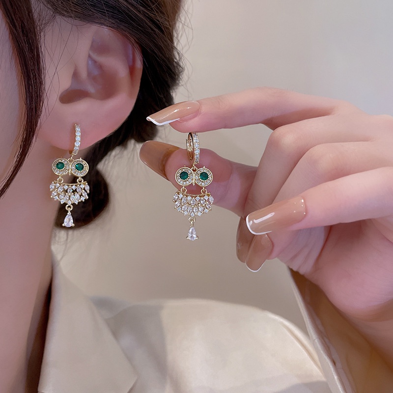 Anting Tusuk Sterling silver 925 Desain Burung Hantu Hias Zircon Hijau Untuk Wanita