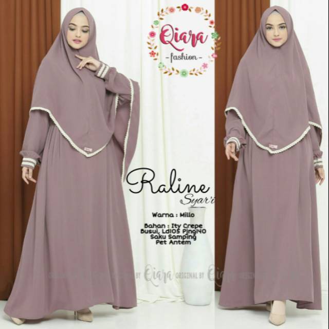 Gamis + Khimar Raline Syari Ori Qiara Longdress  Maxi Material Ity Crepe Premium