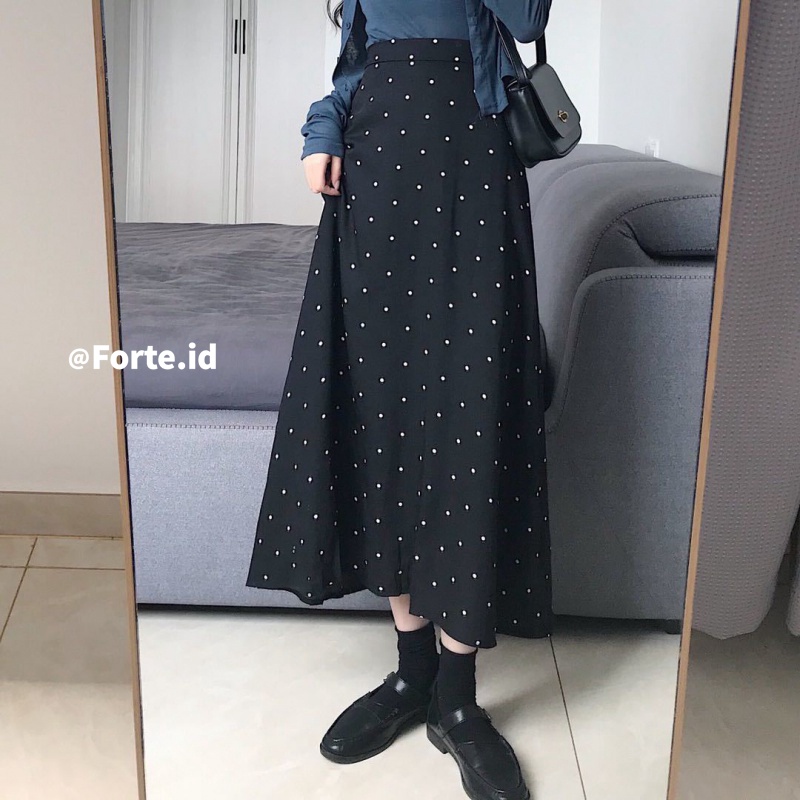 Rok Panjang A-line Korea Style Retro Midi Hitam polka dot fashion wanita skirt