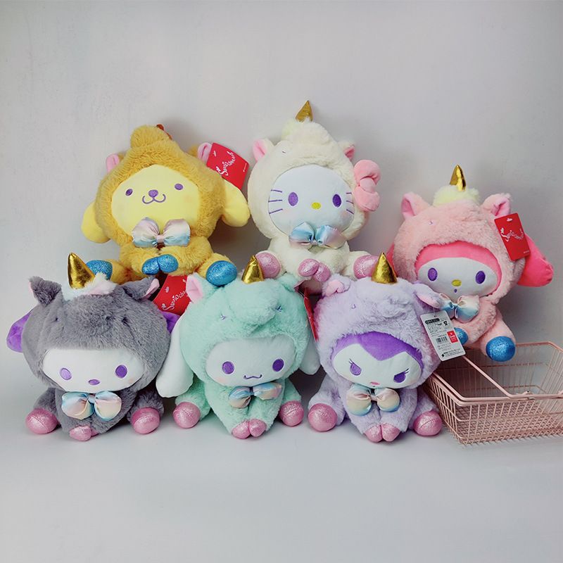 MAINAN BONEKA MELODY HELLO KITTY CINNAMOROLL POCHACCO DOG POMPOMPURIN KUROMI UNICORN PLUSH IMPOR