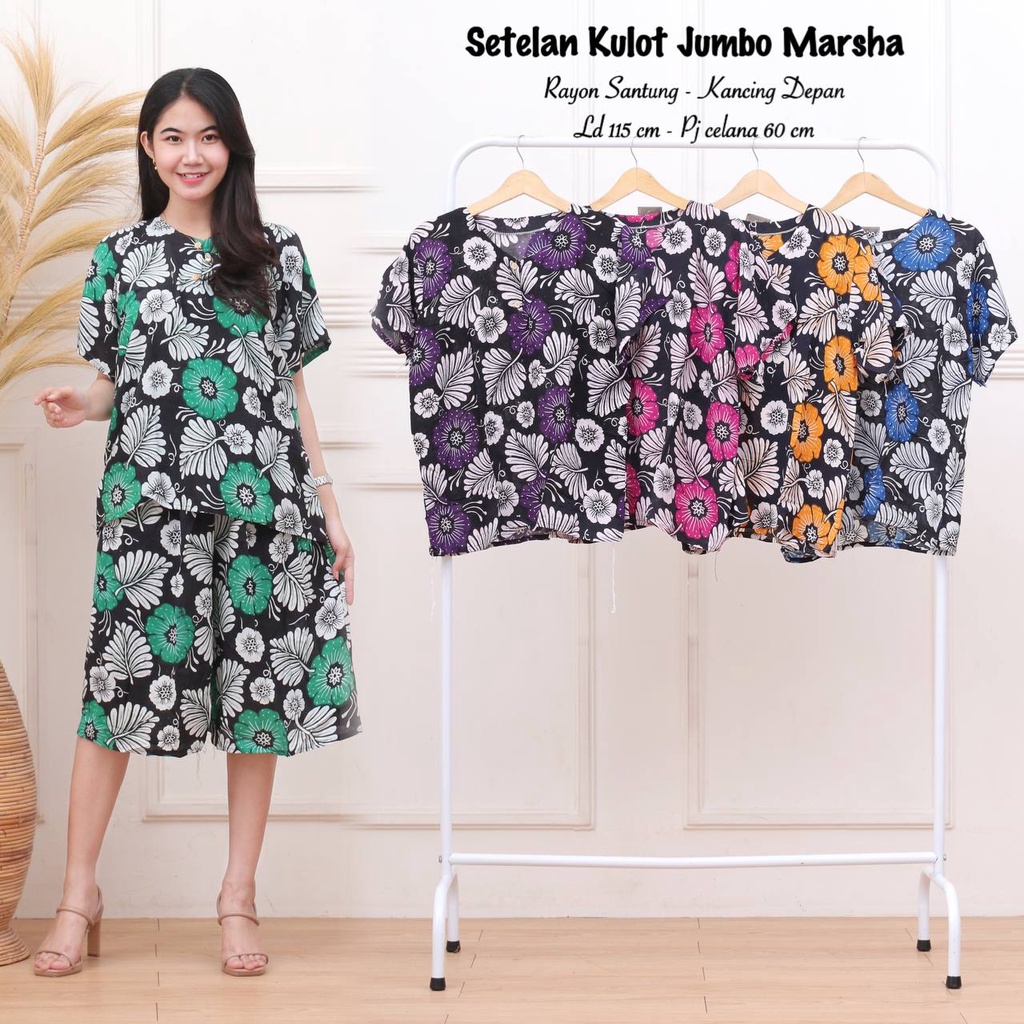 Setelan Wanita Kulot Jumbo Bahan Rayon One Set Celana Pendek Kekinian Kancing Depan Busui