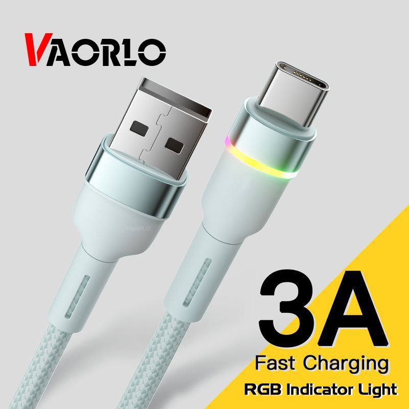 Vaorlo Kabel Data / Charger USB Tipe-C 3A Fast Charging Dengan Lampu Indikator RGB