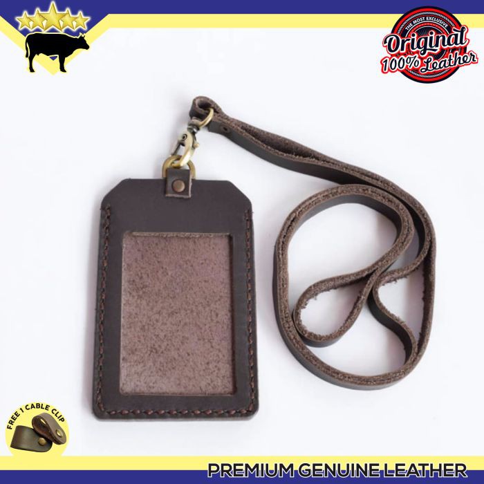 

GANTUNGAN NAME TAG ID CARD HOLDER KULIT ASLI HANDMADE DARK BROWN