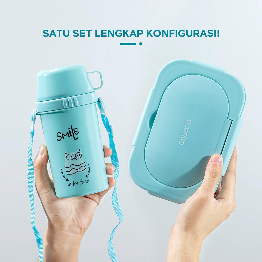 ecentio 3 Grid Lunch Box Set 650ml/Kotak Bekal Makan Anti Tumpah Free Mangkuk Sup 450ml/Tas Bekal Set Anak