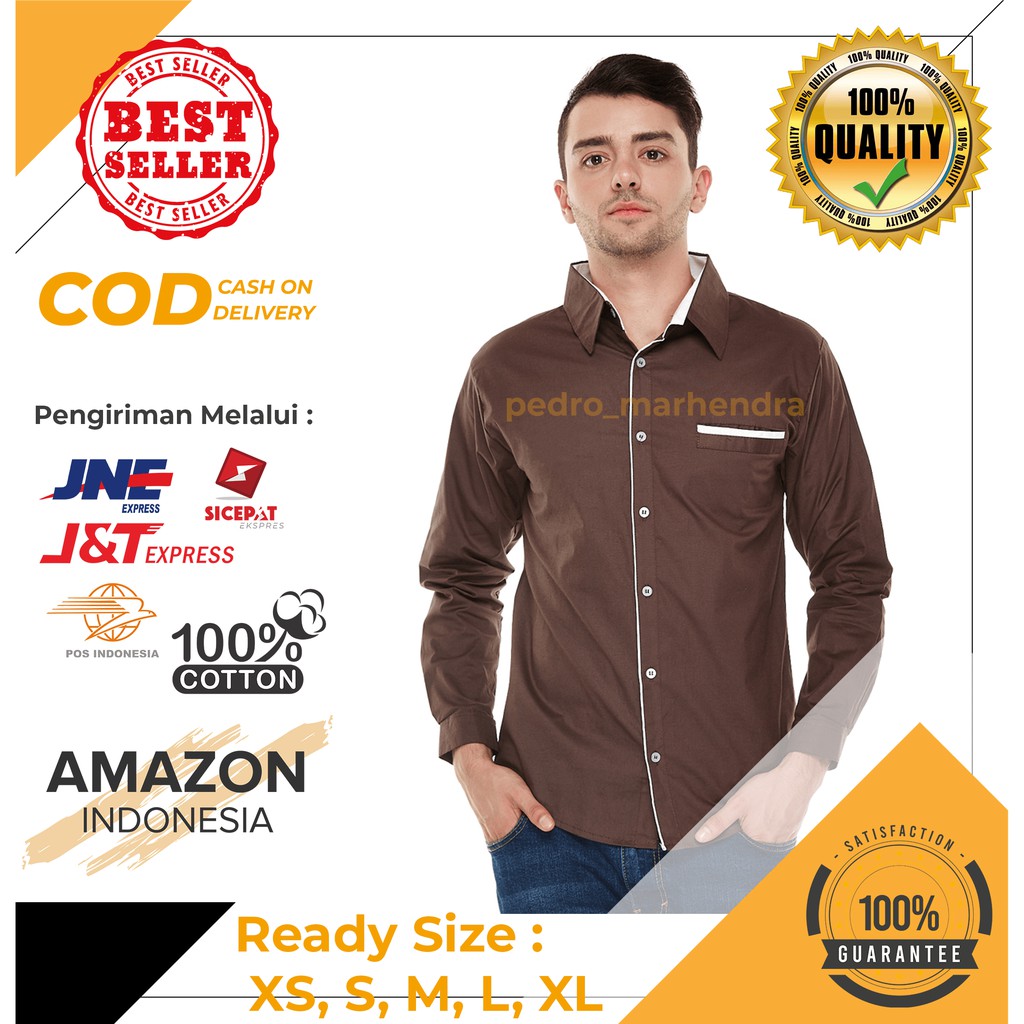 HEM KEMEJA PRIA COKLAT VARIASI PUTIH BAHAN KATUN 100% ASLI ORIGINAL BERKUALITAS DINGIN ENAK DIPAKAI