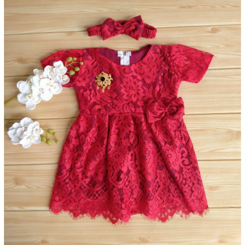 Dress anak brokat furing free bandana 0-5 tahun