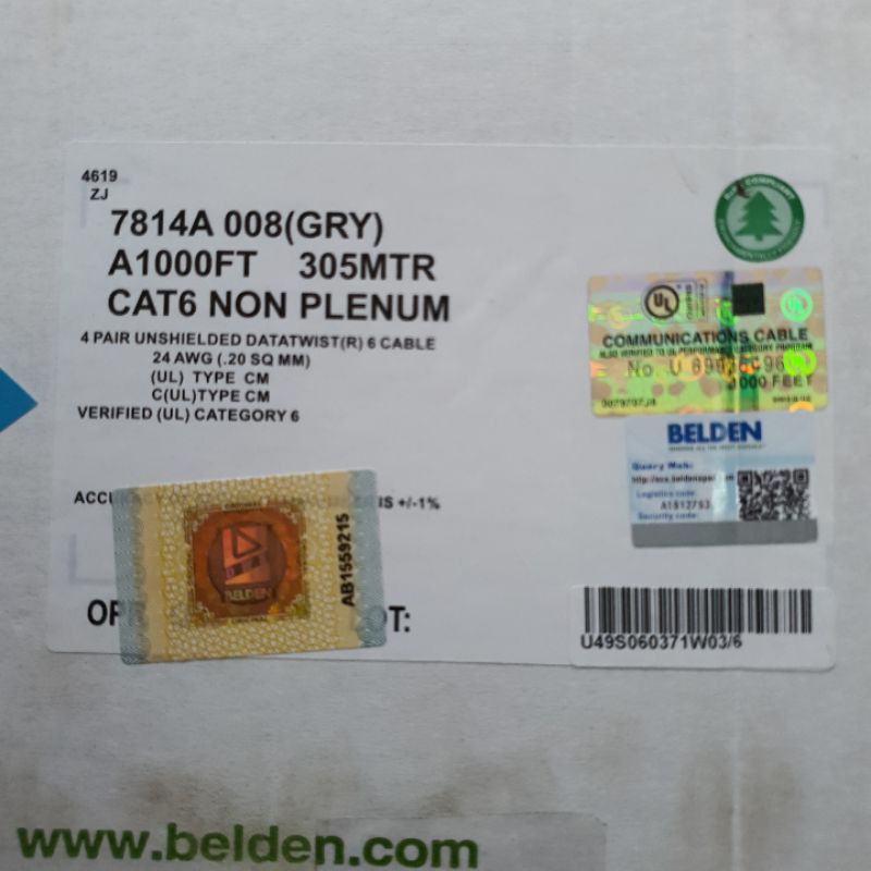 KABEL UTP BELDEN CAT 6 USA ORIGINAL RESMI 7814A 1000 FEET 305M