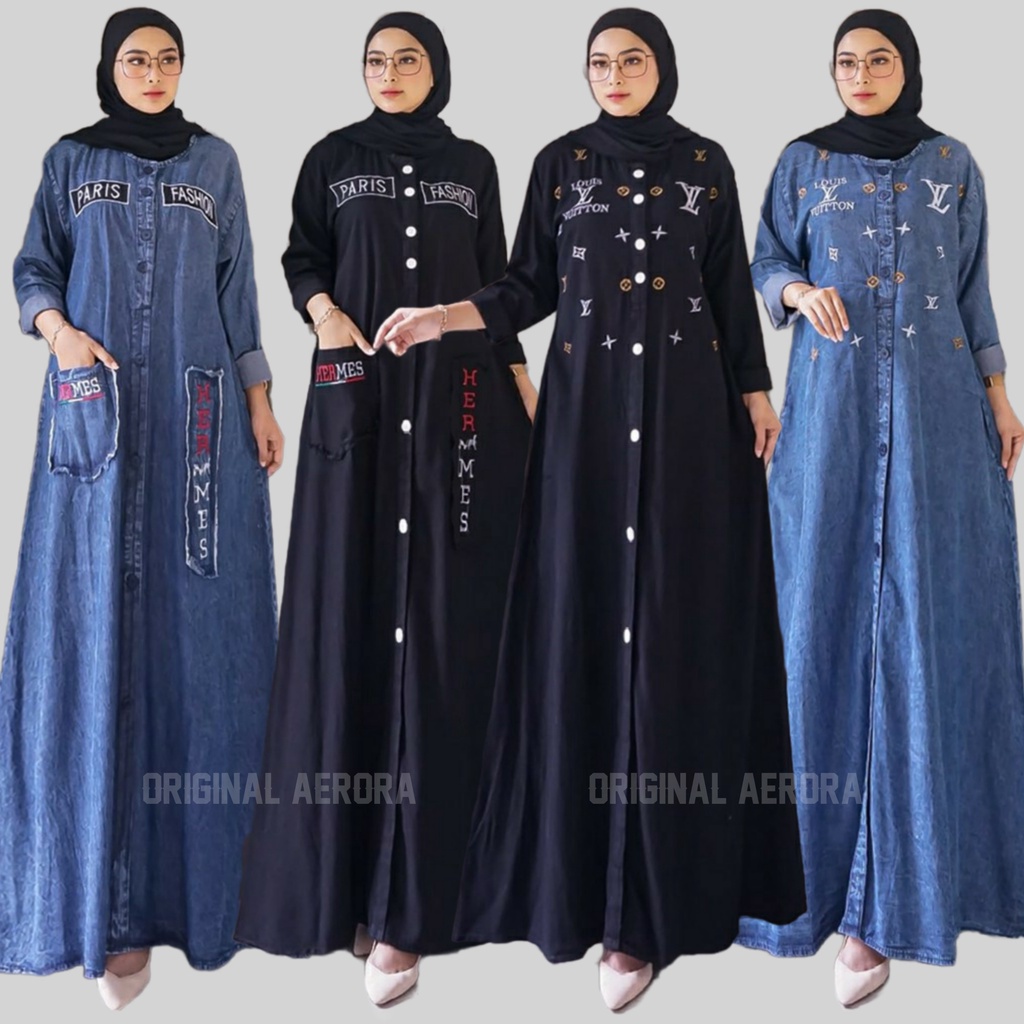 Baju Gamis Dress Jeans Jins Denim Wanita Terbaru 2023 Muslim Kondangan Busui Bordir Kantong Depan Kekinian Premium Ld 112 P 140 Diana Maxy Allsize