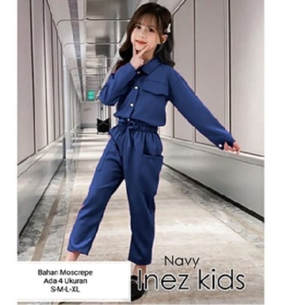 Stelan Kemeja Anak Perempuan import korea/Set Inez Kids 3-11 Tahun Lengan Panjang Celana Panjang/Matt Moscrepe