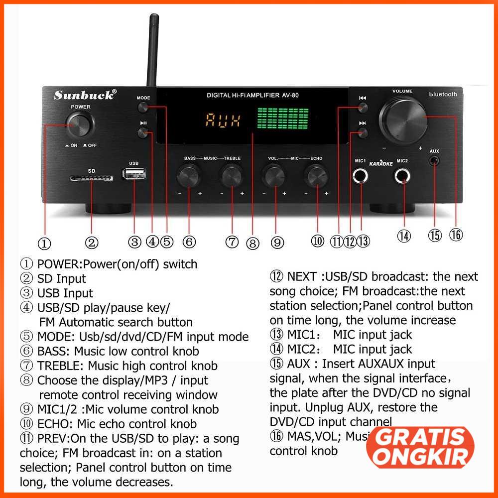 Audio Amplifier Bluetooth EQ Karaoke FM Radio 2000W - AV-80