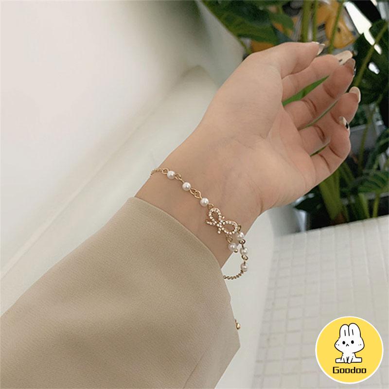 (COD)Gelang Korea Fashion Busur Mutiara Hias Berlian Imitasi Bangle Liar Aksesoris Fashion -Doo