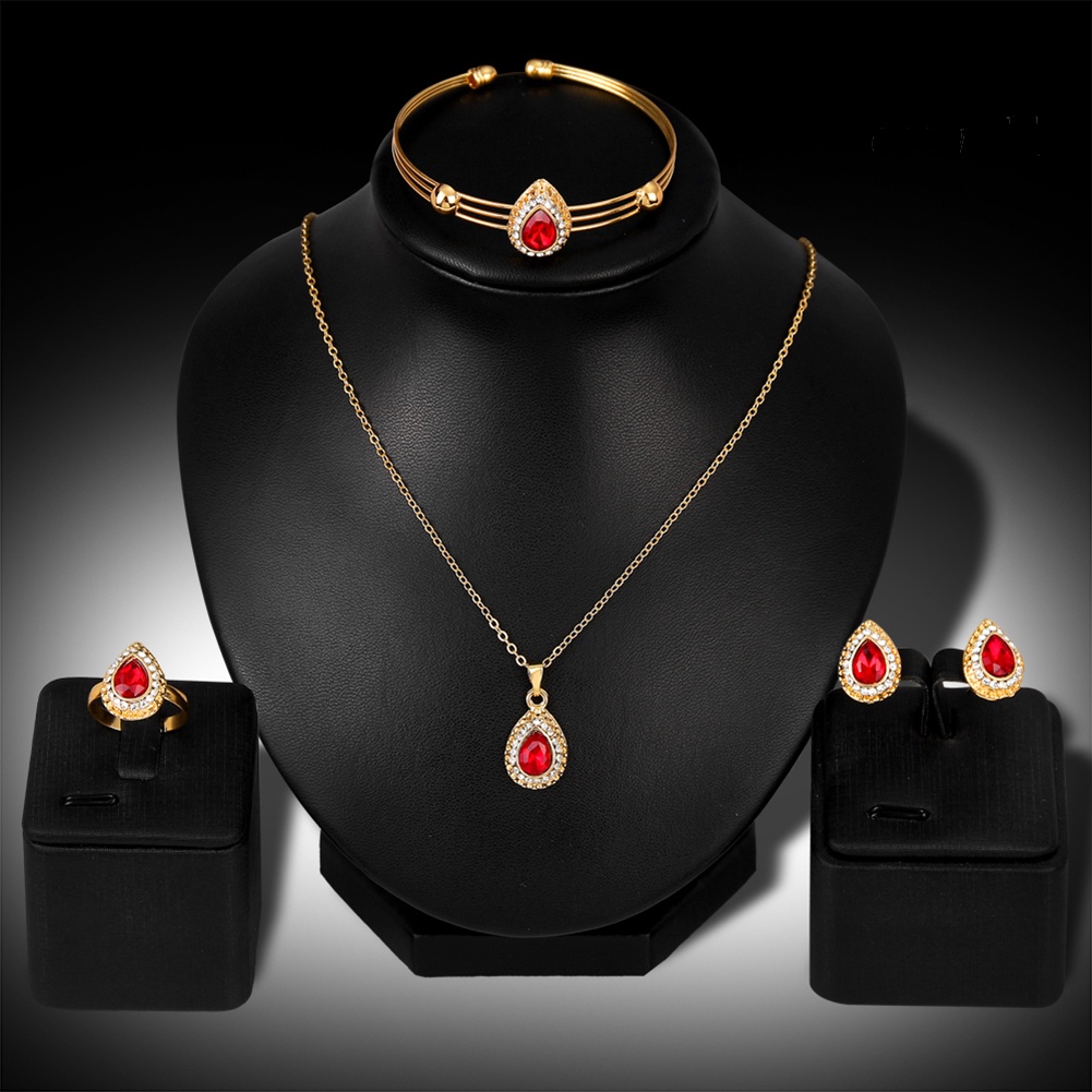 OW@ Women Retro Water Drop Gold Plated Jewelry Set Necklace Bracelet Earrings Ring