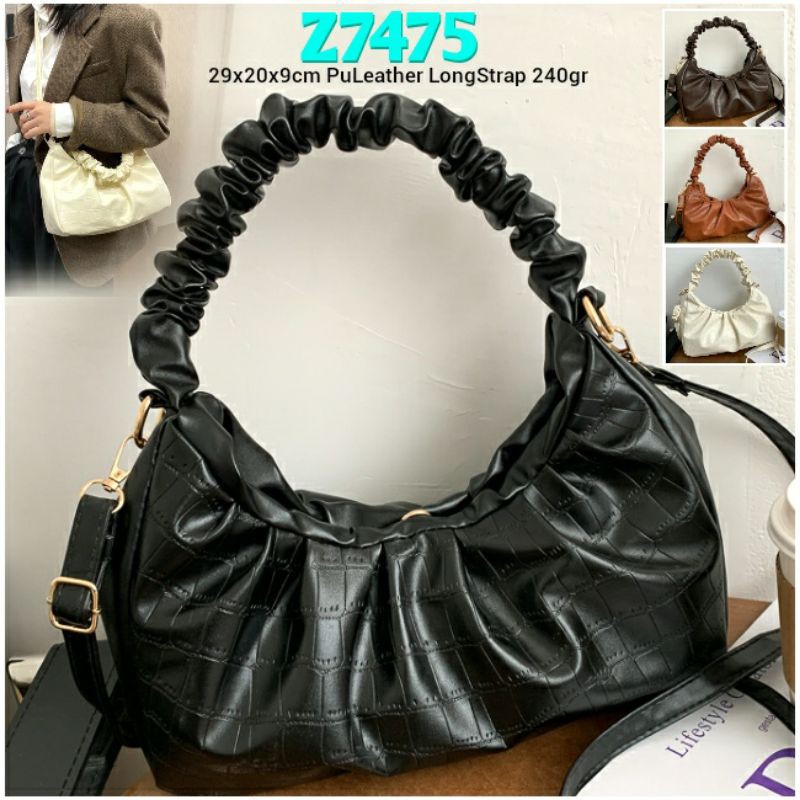 GIJ. TAS IMPORT SELEMPANG MOTIF KERUT 1kg5 HOBO BAG  Z29uu Z7475 . DENIN VINTAGE . CROCO RUCHED SLIN