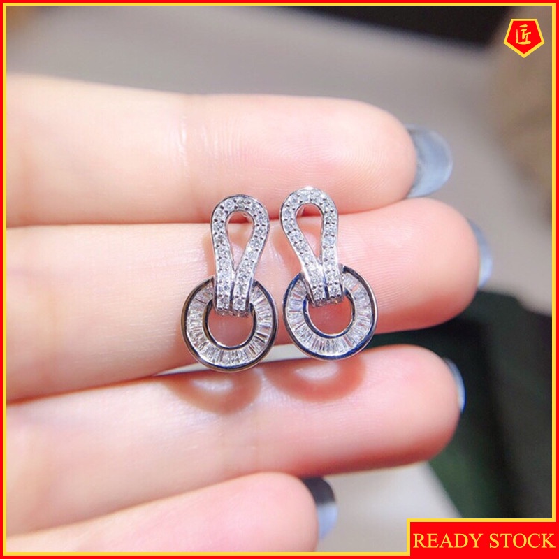 [Ready Stock]18K Platinum Fashion Full Diamond Earrings Women's