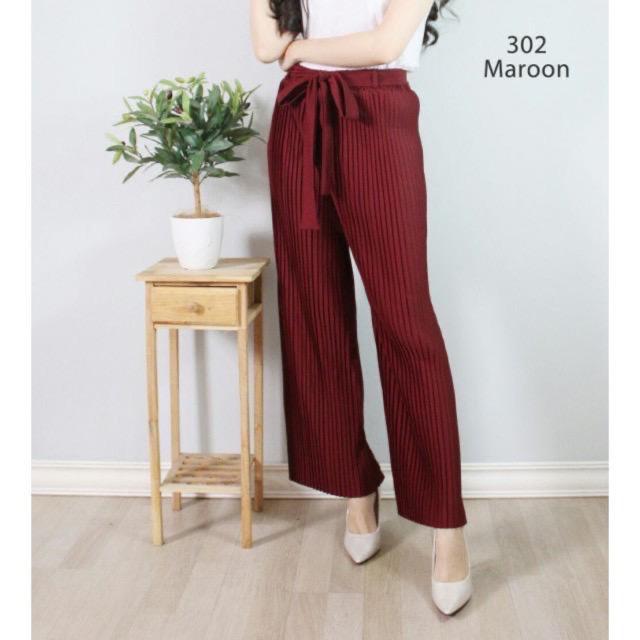 302 KULOT PLISKET PANJANG TALI PINGGANG MODIS FASHION MUSLIM BAWAHAN CELANA POLOS MURAH PLEATEDPANTS-Maroon