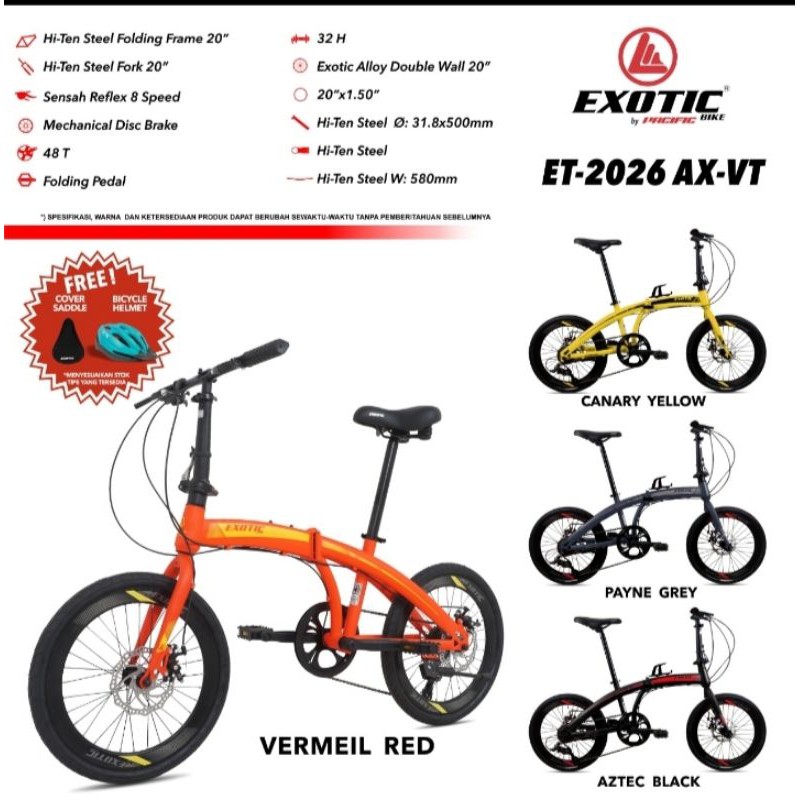 Sepeda Lipat 20" EXOTIC ET 2026 AX VT Rem Cakram 8 Speed Free Helm & Cover Saddle