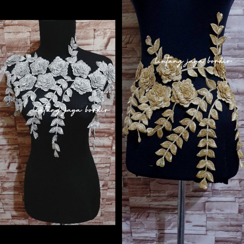 renda bordir aplikasi 3d busana/ bunga rambat mawar/bunga pinggang