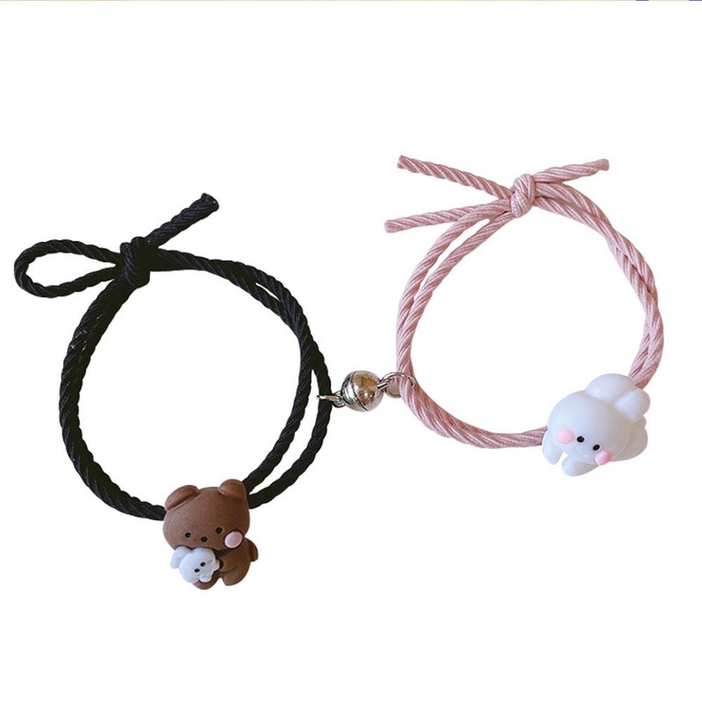 2Pcs Tiktok Lucu Beruang dan Kelinci Magnetik Pasangan Pacar Gelang Karet Gelang Wanita Pria