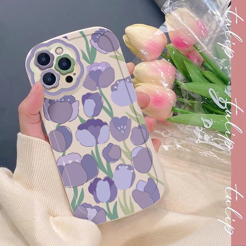 Soft Case Silikon Motif Bunga Tulip Ungu Untuk IPhone 12 13 11 Pro Max X Xs Max Xr 7 8 Plus Dkmn