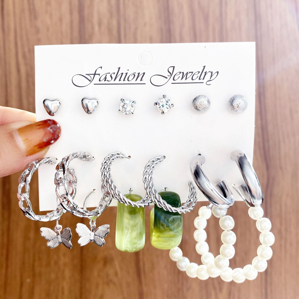 Set Anting Hoop Butterfly Geometris Irregular Bahan Logam Resin Akrilik Warna Silver Untuk Wanita