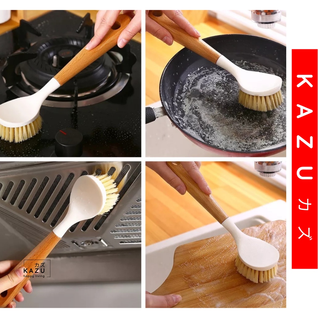 KAZU KHL236 Sikat Cuci Piring Gagang Kayu Pembersih Dapur Serbaguna Panci Wajan Kompor