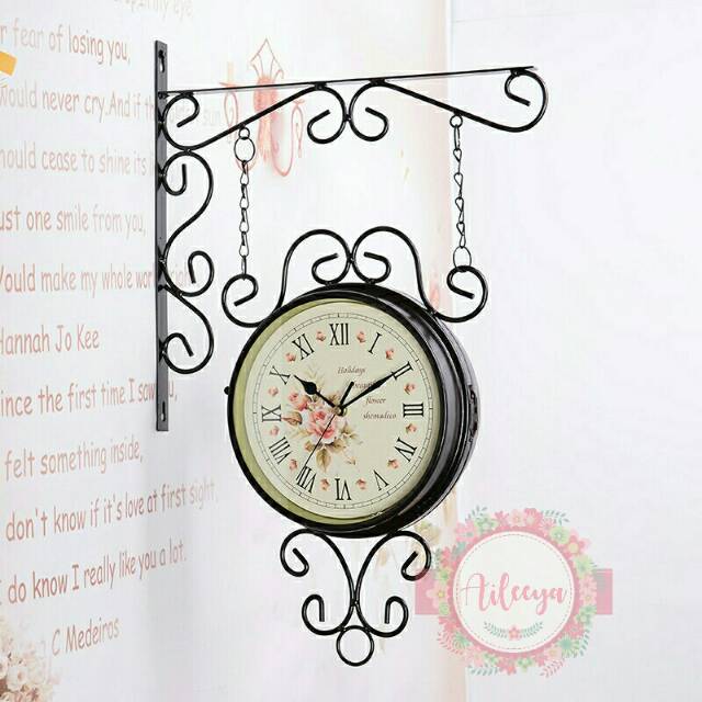 Jam gantung shabby vintage 2 sisi model rantai hitam
