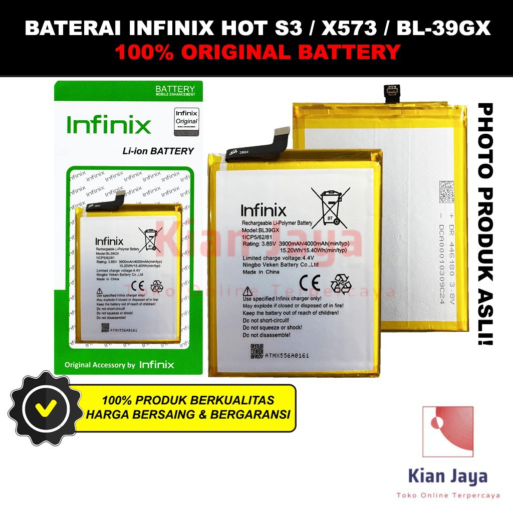 Baterai Infinix Hot S3 / X573 / BL-39GX Batre Batrai Battery HP BL39GX Original