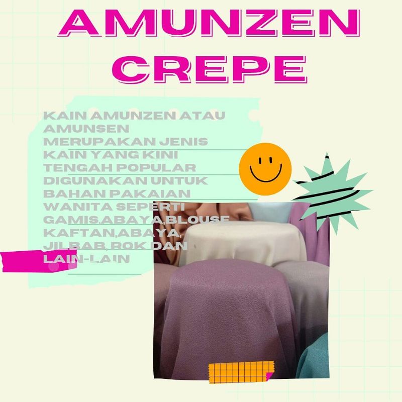 Kain Amunzen Crepe Premium untuk Gamis, Dalaman Brukat,Celana kulot, setelan celana, tunik harga setengah meter