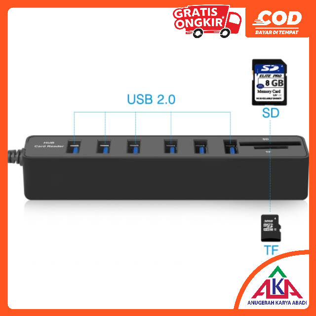 2 in 1 USB Hub 6 Port Combo Card Reader SD/TF Card - CB220602 - Black