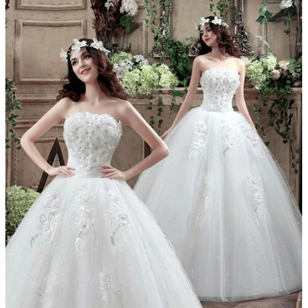 gaun pengantin putih elegan tanpa lengan ball gown / tanpa lengan ballgown putih
