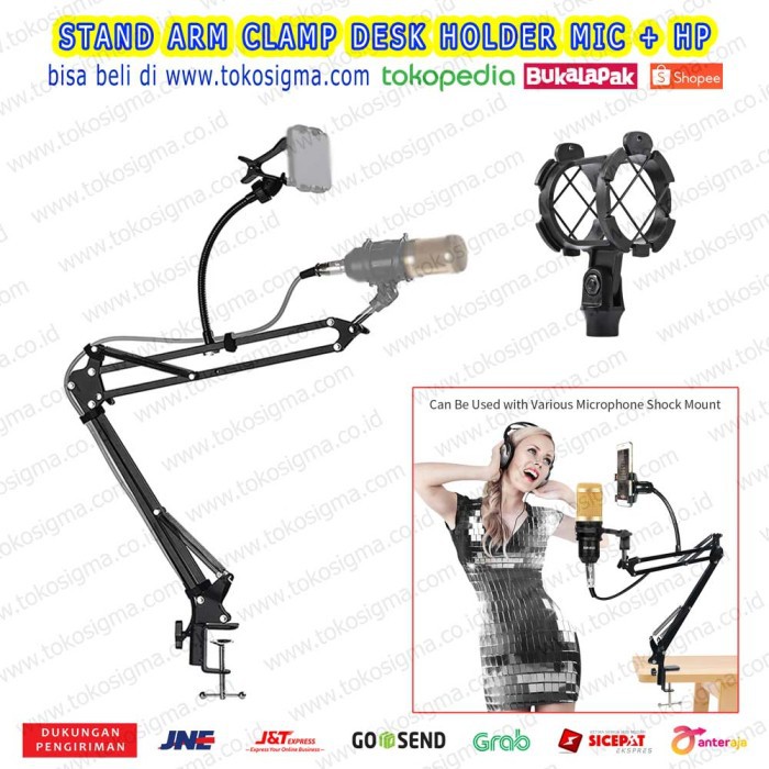 Mic Stand Microphone Boom Arm Jepit Meja Holder Klip HP Smule ZOOM D6