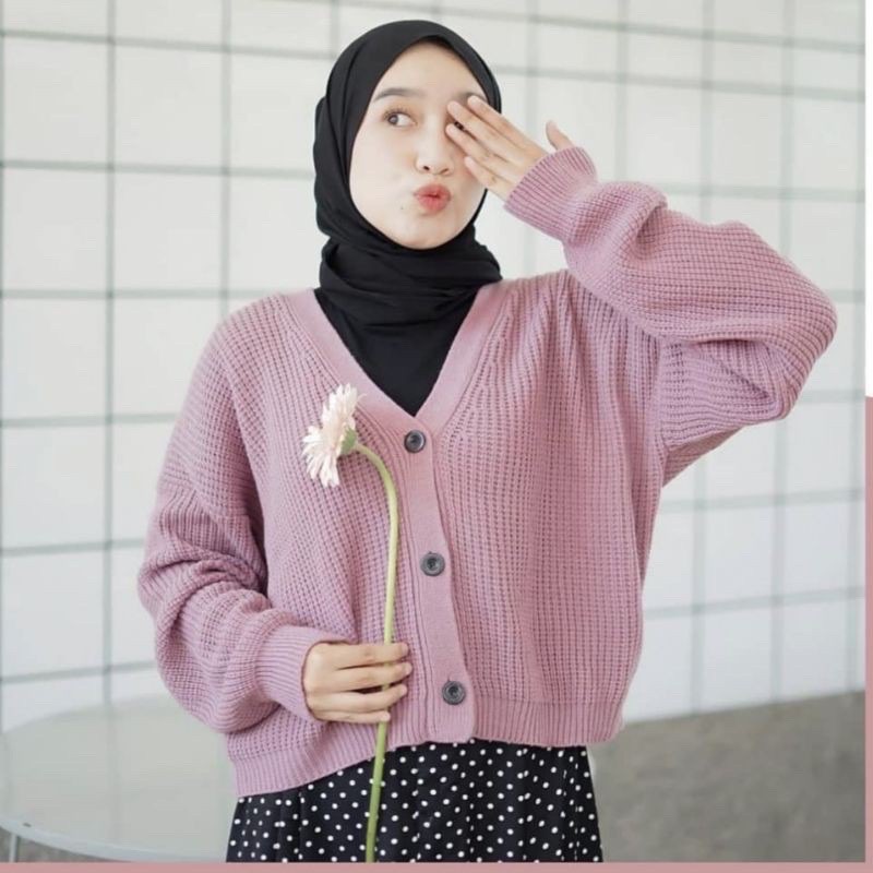 Cardi Jinmi Cardy rajut wanita lengan balon panjang murah import korea premium wolly crop