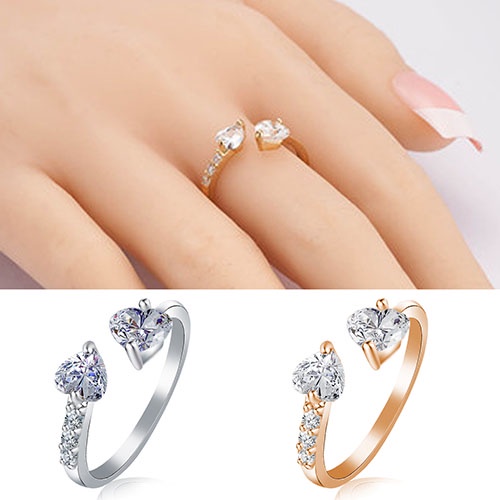 Hu Hu Hu Hu Hu Alat Bantu Pasang Kacamata♡ Cincin Open Ring Desain Hati Dobel Bahan Tembaga Hias Zirkon Untuk Wanita