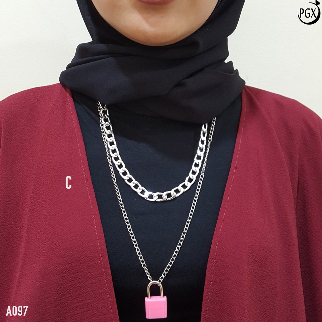 PGX Kalung Rantai Wanita Gembok Panjang Hijab Multilayer - A097