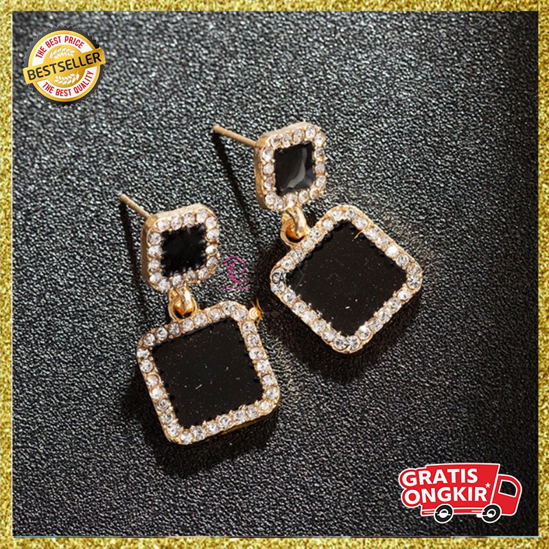 Anting Titanium Korea Perempuan Dewasa Motif Square Kotak Hitam Fashion Wanita Anting kualitas import ANT71