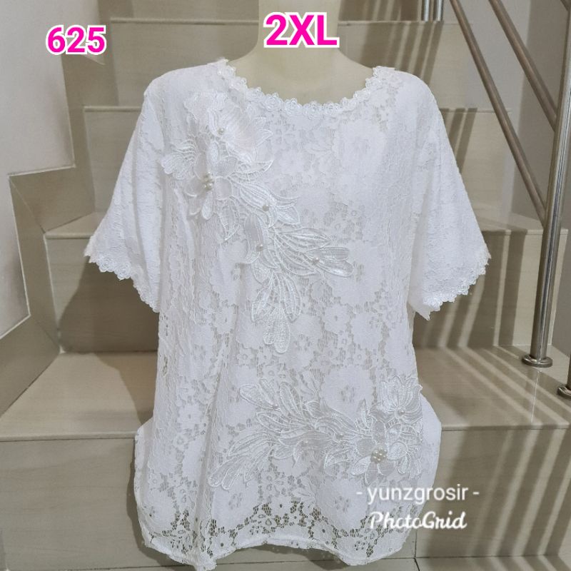 Blouse Brukat Hitam Putih Bunga Jumbo XL,2XL,3XL-625 Putih