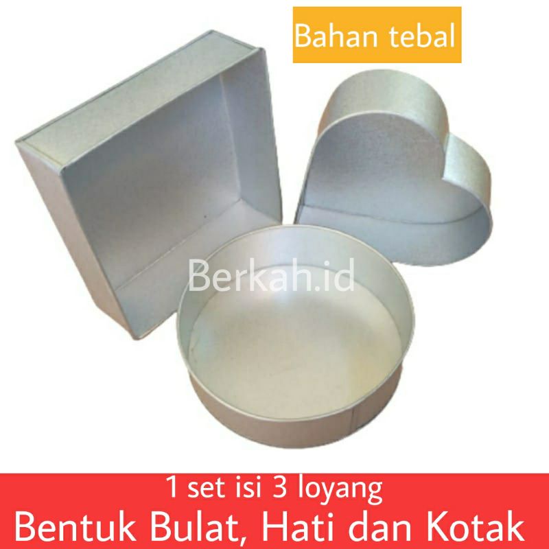 1 set isi 3 loyang bentuk hati, bulat dan kotak uk 18,20,22cm Galvalum