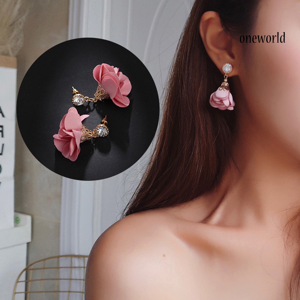 OW@ Vintage Cloth Flower Rhinestone Pendant Earrings Women Ear Studs Party Decor