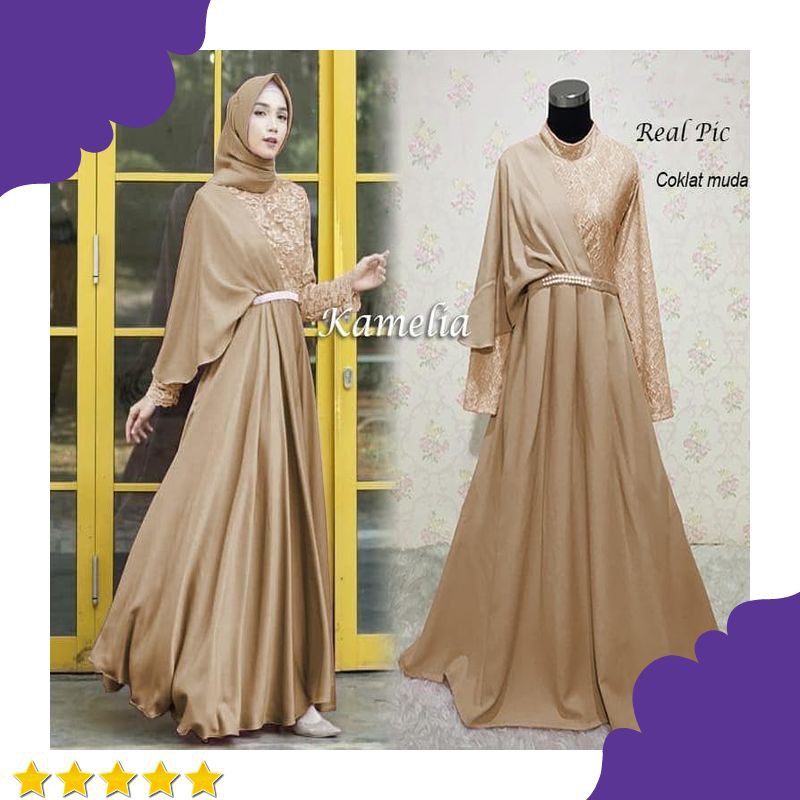 GAMIS PESTA BRUKAT KAMELIA COKLAT MUDA