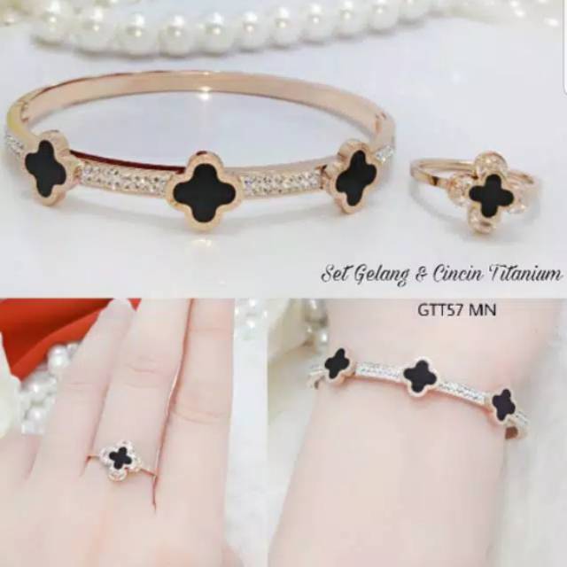 Gelang set + cincin titanium asli anti karat uk glg 6cm