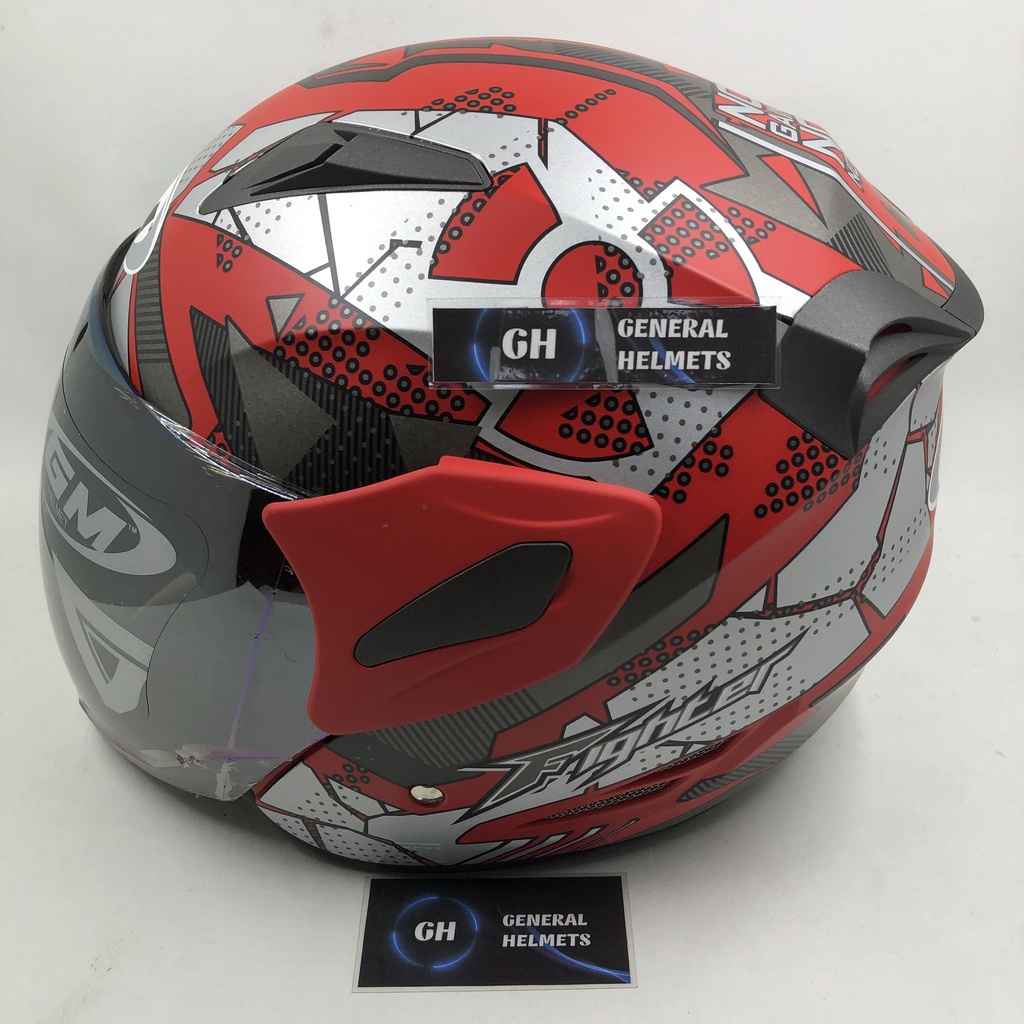 HELM GM FIGHTER MOTIF HAZZARD RED SILVER DOFF HALF FACE
