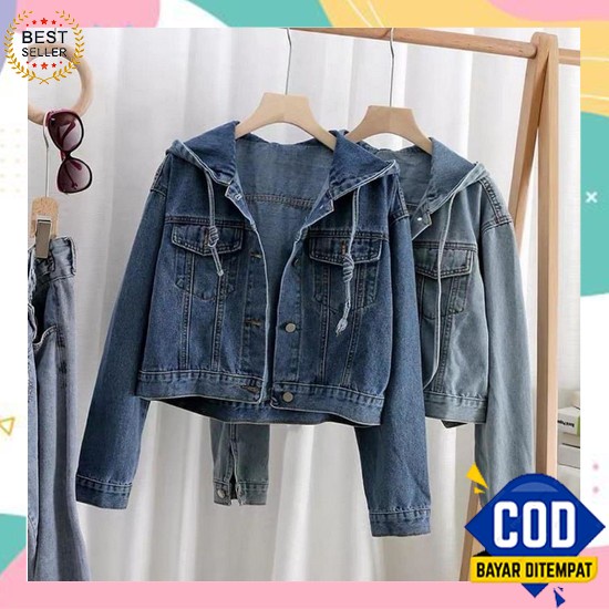 Lova Jacket Jeans Hoodie Wanita Oversize Jaket Jins Hodie Kekinia Jj33 Jaket Jeans Hoodie - Oversi