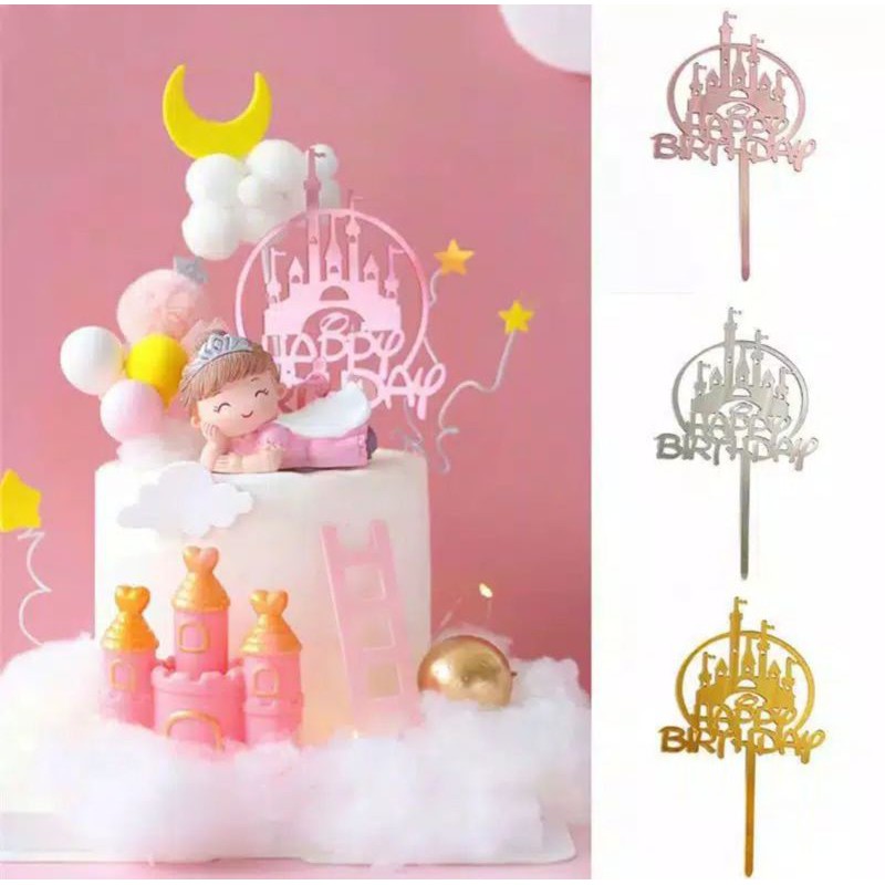 CAKE TOPPER ACRYLIC AKRILIK TULISAN HAPPY BIRTHDAY DISNEY CASTLE ISTANA HIASAN KUE ULANG TAHUN MEWAH