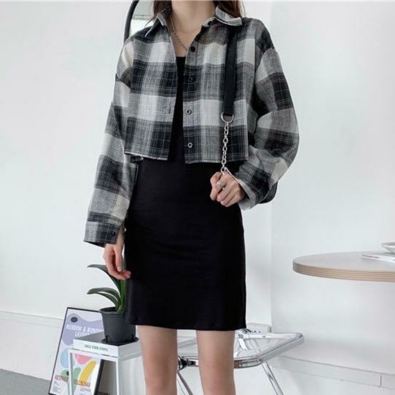 VS - KEMEJA FEBRIC  - CROP TARTAN SHIRT | KEMEJA KOTAK OVERSIZE | KEMEJA CROP TOP