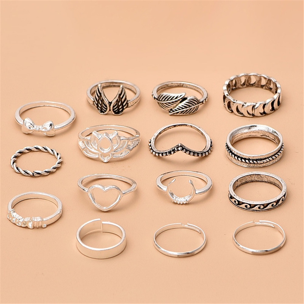 【COD Tangding】15pcs/set Bohemian Style Vintage Silver Bow Lotus Wing Leaf Feather Heart Combination Ring Fashion Accessories Jewelry