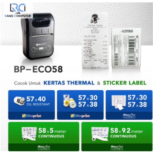 Bp-Eco58 Portable Printer Thermal Mini Bluetooth BLUEPRINT ECO58 Baterai 18650