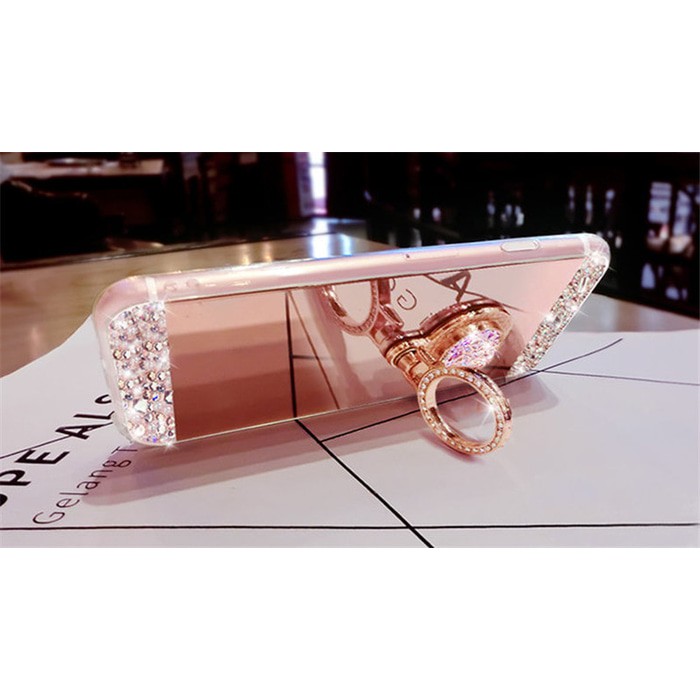 Promo Samsung J7 Pro Rhinestone Mirror Soft TPU finger ring buckle case Limited